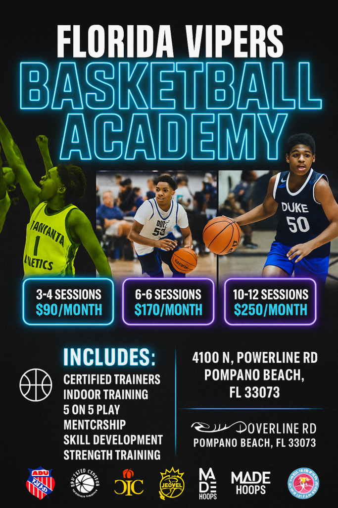 Promotional poster for Florida Vipers Basketball Academy youth training programs